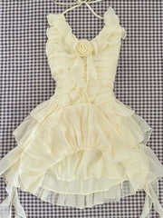 Slim Sweet Ruffles Dress Women Fashion 3D Floral Casual Elegant Mini Dress Summer Sexy Sleeveless Lady Yellow Cake Vestidos voguable