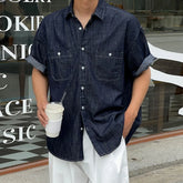 Voguable Men's Denim Shirt 2024 Summer New Loose Trend Versatile Lapel Short Sleeve Design Single Breasted Double Pockets Top voguable