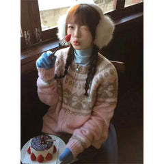 Vintage Print Knitted Cardigan Women Japanese Long Sleeve Sweater Outerwear Winter Aesthetic Pink Knitwear Korean Jumpers voguable