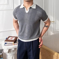 New Trend Men Business Polo Shirt Light Luxury Popular Slim V Neck T-shirt Leisure Patchwork Short Sleeve Tops Retro Knitwear voguable