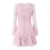 Women Sexy Elegant 2pcs Pink Lace Dresses Thin Straps + Long Sleeve Crop Top Christmas Party Mini Dress Birthday Robe