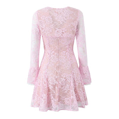 Women Sexy Elegant 2pcs Pink Lace Dresses Thin Straps + Long Sleeve Crop Top Christmas Party Mini Dress Birthday Robe