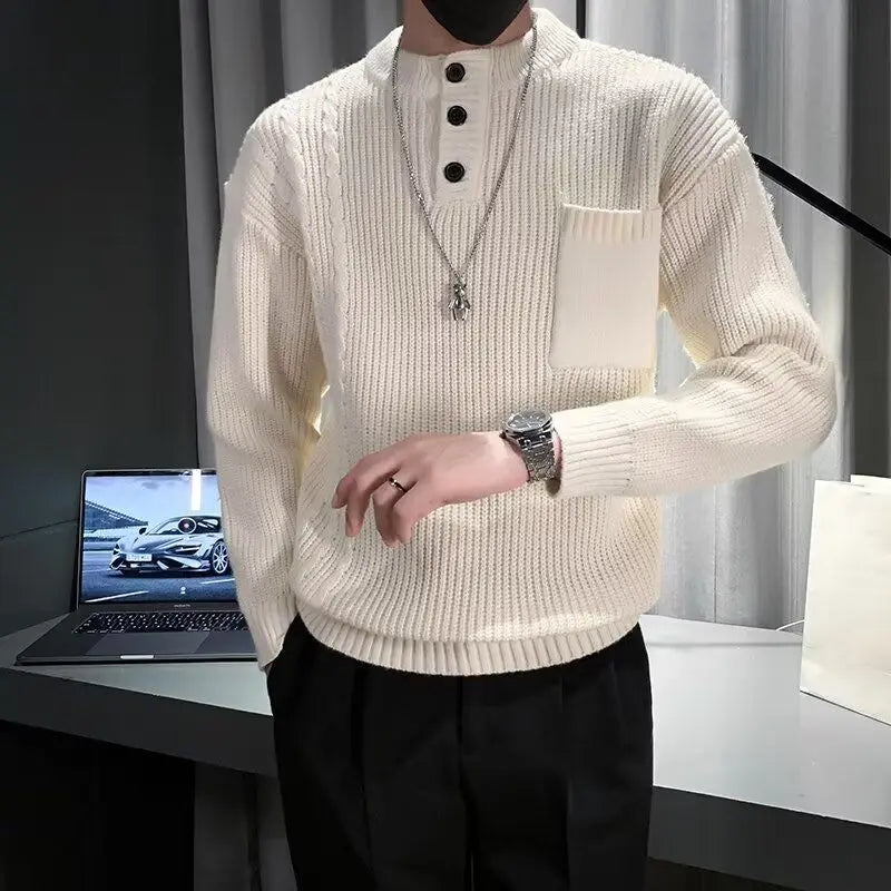 Autumn Winter New Fashion Round Neck Long Sleeve Solid Pullovers Men's Clothing All-match Button Knitting Korean Simplicity Tops voguable