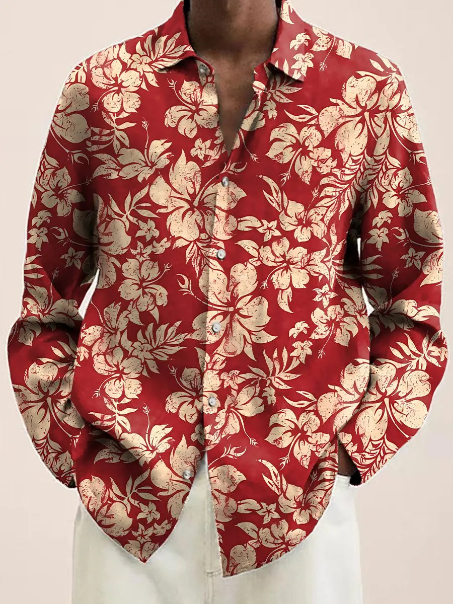 Mens Red Floral Print Long Sleeve Shirt Fashion Design Luxury Long Sleeve Tops Mens Four Seasons Button Lapel Shirt voguable