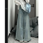 Voguable Vintage Deep Blue Wide-leg Jeans For Women Loose Fit Slimming Straight-leg Pants Draped Floor-length Trousers Trendy voguable