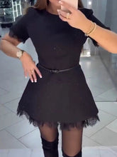 Voguable New Women High Waist Pleated Party Mini Dress Black O-neck Lace Spliced Polka Dot Dress Elegant Short Sleeve Slim Banquet Dress voguable