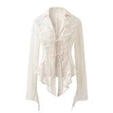 Voguable Spring Women Solid Color Lace Up Slim Fitting Long Sleeved Shirt New Korean Fashionable Unique Lapel Female Shirt Top voguable