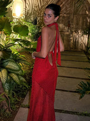 Fashion Polka Dot Print Maxi Dress Women Scarf+Halter Low-Neck Bandage Backless Robe Vacation Trend Elegant Vestidos voguable