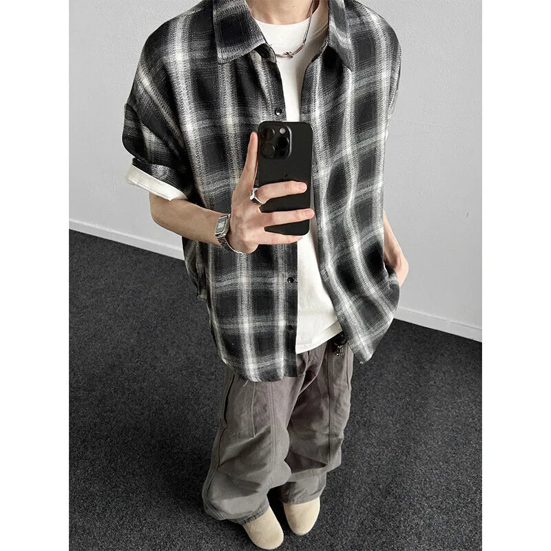 Summer Short Sleeved Shirt Men Fashion Retro Casual Shirt Men Japanese Streetwear Loose Plaid Shirt Mens Vintage Shirts M-3XL voguable
