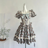 Voguable Pure Cotton Plaid Preppy Dress Women British Retro Lace Bandage Bow Kawaii Mini Dress Vintage Chic Square Collar Ball Gown Dress voguable