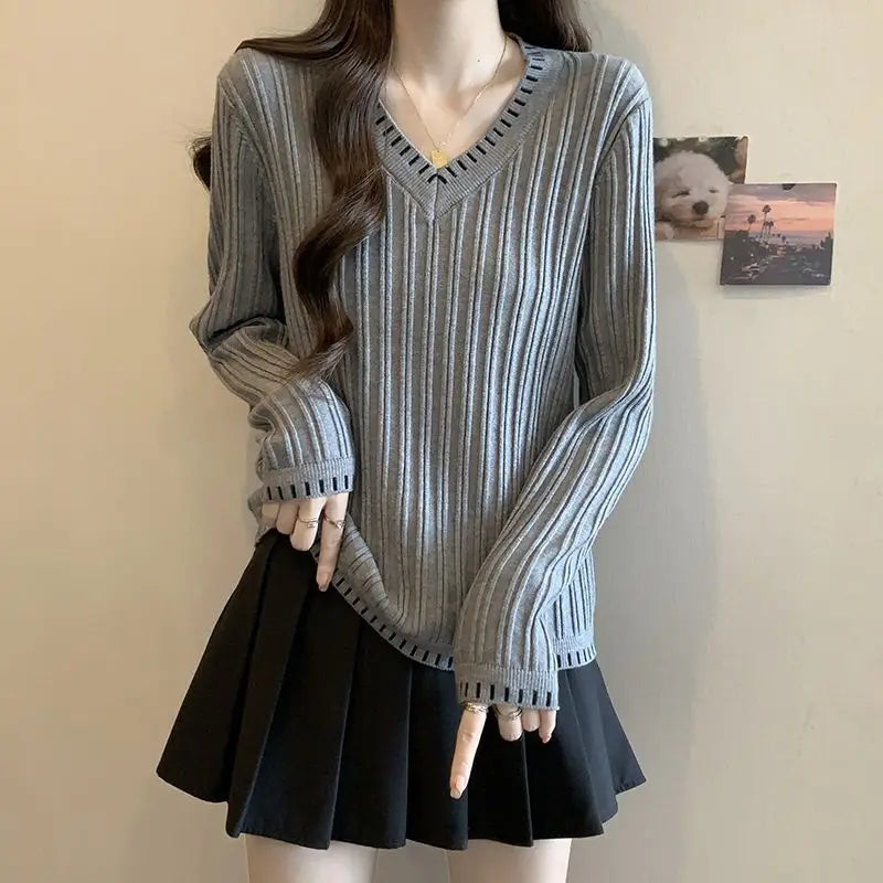 Autumn Winter New Women Sweater Korean Fashion V-Neck Striped Patchwork Loose Long Sleeve Pullovers Bottoming Shirt Knitted Tops voguable