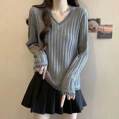 Autumn Winter New Women Sweater Korean Fashion V-Neck Striped Patchwork Loose Long Sleeve Pullovers Bottoming Shirt Knitted Tops voguable