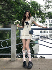 Voguable 2024 Summer Woman Short Sleeve Y2k Mini Dress Party Slim Sweet Bow Dress Casual Outwear One Piece Dress Korean Fashion Chic voguable