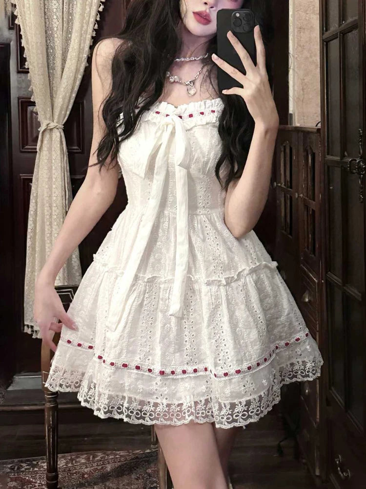 Sweet Lace Patchwork Camis Dress Women Sexy Spaghetti Straps Bow Dress Female Casual Cute Princess Wedding Party Dress New voguable