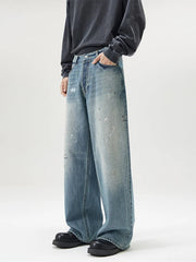 Men's Fashion Paint Spots Baggy Straight Jeans Vintage Ice Blue Denim Pants High Street Hip Hop Trousers Mens Designer Clothes voguable