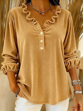 Voguable New Corduroy Solid Pullovers Elegant Lantern Long Sleeve Loose Tops Autumn New Simple V-neck Ruffles Commute Tops For Women voguable