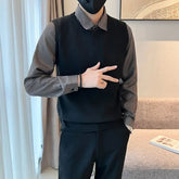 Autumn Winter Fake Two Pieces Fashion Harajuku Sweaters Men Loose Casual Knitting Tops All Match Pullover Chic Business Jumpers voguable