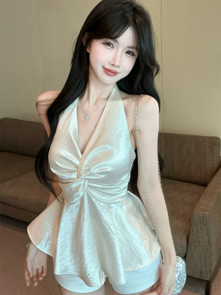 Sexy Halter Satin Tanks Women Slim Backless Fashion Hotsweet Camis Tanks Chic Design Elegant Female Summer Casual Tanks Top voguable