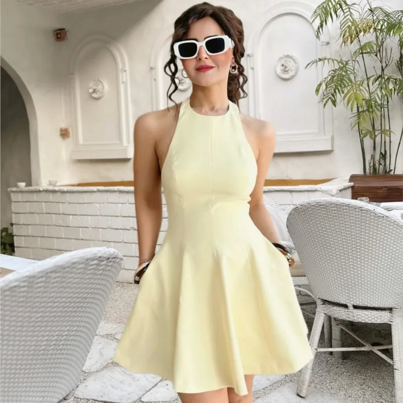 Versatile Halter Neck Backless Short Dress 2025 New A-line Zipper Solid Color Yellow Party Dress Fashion Vestidos Woman Clothing voguable