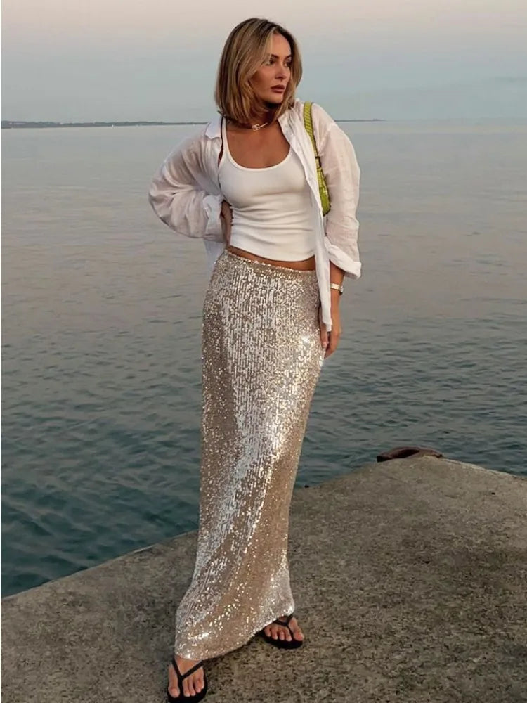 Silver Sequins Long Skirt For Women Summer High Wasit Slim Skirts Femme Sexy Crop Tops Party Flash Faldas Ajustadas Woman voguable
