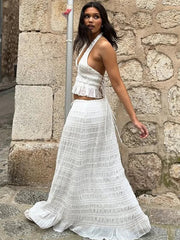 White Sexy Skirt 2 Piece Set Women Elegant Fashion Halter Crop Top And Maxi Skirt Female Beach Party Two Piece Set voguable