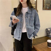 Vintag Distressed Autumn New Denim Jackets Women Lapel Solid Pockets Button High Street Long Sleeve Loose Short Cowboy Coats Top voguable