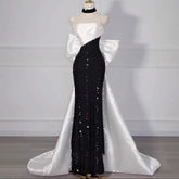 Voguable Customized Simple Large Bow Evening Dress Off-Shoulder Prom Sequins Dress Black and White Contrast Satin Party Wedding Dresses voguable