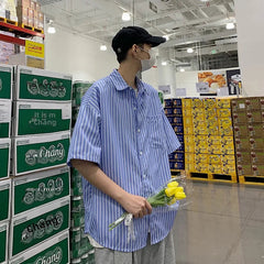 Japanese Style Simple Striped Short Sleeve Shirt For Men Summer Korean Trendy Loose Fit Casual Jacket voguable