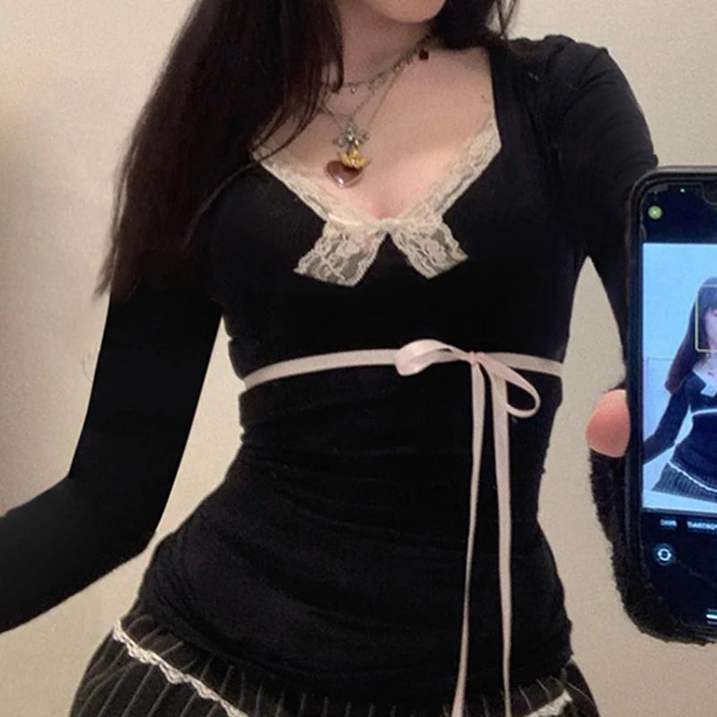 Voguable Y2K Contrast Color Lace Patchwork Top Women Autumn Spring Ribbon Lace-up Bow Coquette T-shirts Cute Causal Basics Tees voguable