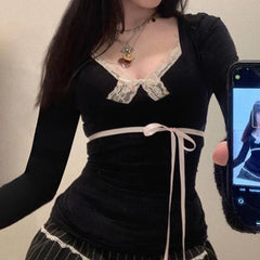 Voguable Y2K Contrast Color Lace Patchwork Top Women Autumn Spring Ribbon Lace-up Bow Coquette T-shirts Cute Causal Basics Tees voguable