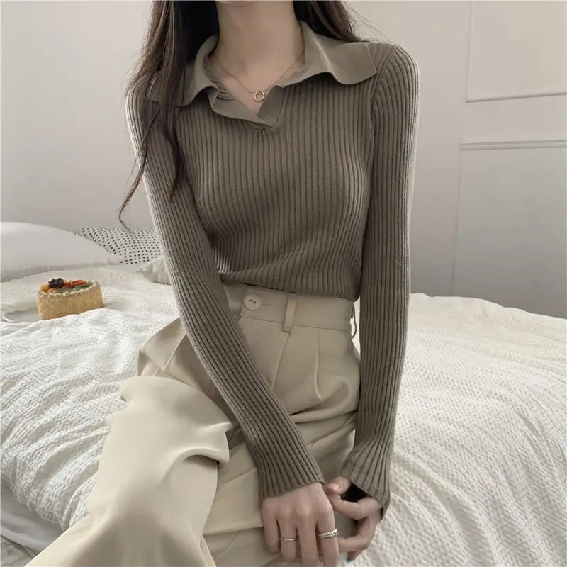 Autumn Winter Women Lapel Pullover Sweaters Basic Long Sleeve Knitted Sweater for Woman Solid Color Jersey Tops Clothes Mujer voguable
