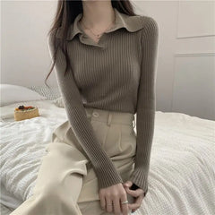 Autumn Winter Women Lapel Pullover Sweaters Basic Long Sleeve Knitted Sweater for Woman Solid Color Jersey Tops Clothes Mujer voguable