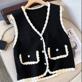 Voguable V Neck Sweater Vest Women Fashion Small Fragrance Button Patchwork Sleeveless Cardigan Solid Simple Casual Fall All Match Tops voguable