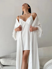 White Slip Dress +belted Cardigan Jacket Two Piece Set Sexy Feather Satin Pajamas Spring Summer Sleepwear Women Clothing 2025 voguable