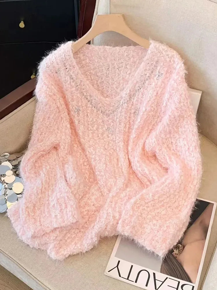 Pink Sweet Knitted Sweaters Women Fashion Lazy Wind Diamond Elegant Jumper Korean Chic Long Sleeve Loose Fall Winter Pullovers voguable