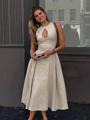 Sexy Hollow Out Solid Long Dress For Women Elegant O Neck Cut Out Zipper Sleeveless Maxi Vestidos 2024 Summer Lady Street Robes voguable