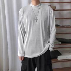 Long Sleeved T-shirt Men Casual Pleated T Shirt Men Japanese Streetwear Loose Ice Silk T Shirt Mens Stand Up Collar Tshirt voguable