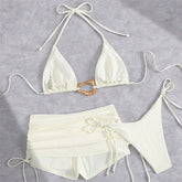 Voguable Metal Ring Halter String Triangle 3 Piece Bikinis Sets Brown Solid Swimwears Bottom Short Micro Thong Sexy Swimsuit Woman voguable