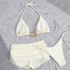 Voguable Metal Ring Halter String Triangle 3 Piece Bikinis Sets Brown Solid Swimwears Bottom Short Micro Thong Sexy Swimsuit Woman voguable