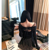 Voguable Elegant Off Shoulder Sweater Women Bow Mesh Patchwork Knitted Pullovers Sexy Slash Neck Black Knitwears Winter Korean Jumpers voguable