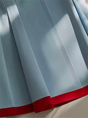 Bomon Y2K blue and red color contrast baseball slant skirt women 2024 new pre-fall fashion design high-waisted mid-long skirt voguable