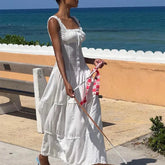 Voguable Elegant Square-Neck White Dress Women Spring Summer Slim Lace Up Sleeveless Dress Y2K Korean Buttons Beachwear Party Vestido New voguable