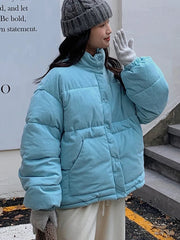 Women Sweet Corduroy Parkas Warm Long Sleeve Retro Stand Collar Cotton Coat Winter Thick Casual Preppy Style Korean Jacket voguable