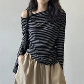 Voguable Irregular Off Shoulder T Shirt Women Autumn Long Sleeve Slim Fit Skew Collar Tees Vintage Office Lady Harajuku Bottoming Tops voguable