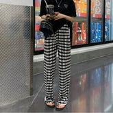 Voguable New Spring and Summer Minimalist Black and White Diamond Checkered High Waist Casual Loose Fashion Pleated Floor Mop Pants voguable