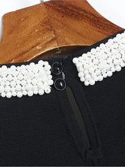 Pearl Beading Elegant Short Dress Fashion Black White Patchwork Knitting Summer Dress 2025 Sleeveless Ruffle Chic New Dress Lady voguable