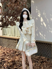 Voguable Spring New French Vintage Tweed Two Piece Set Women Short Jacket Coat + Pleated Skirt Suits Korean Ladies Luxury Outfits voguable