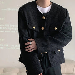 Korean Style Fashionable Tweed Round Neck Jacket Men Japanese Trendy High-end Single-breasted Short Jacket with Temperament voguable
