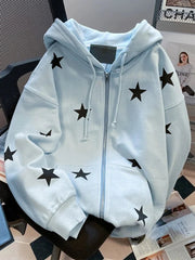 Stars Print Hoodies Women Vintage Streetwear Long Sleeve Loos Blue Sweatshirts Casual Pockets Lace Up American Fall Tops voguable