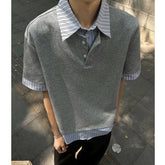 Men Striped Polo Shirt Slim Fit Fake Two Piece Tshirt Summer 2025 Fashion Trendy Mens Breathable Casual Turn Down Collar Tops voguable